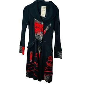 Vintage Concept Black Wool Blend Button Up Sweater Coat with Red Accents Women M